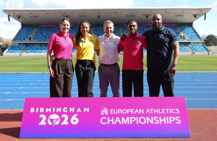 Birmingham 2026 European Athletics Championships launch at Alexander Stadium with athletes and officials and ‘Birmingham 2026’ branding