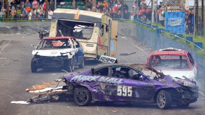 Caravan Banger Racing UK Caravan Banger Racing at a UK track โ drivers crashing caravans in a demolition-style race
